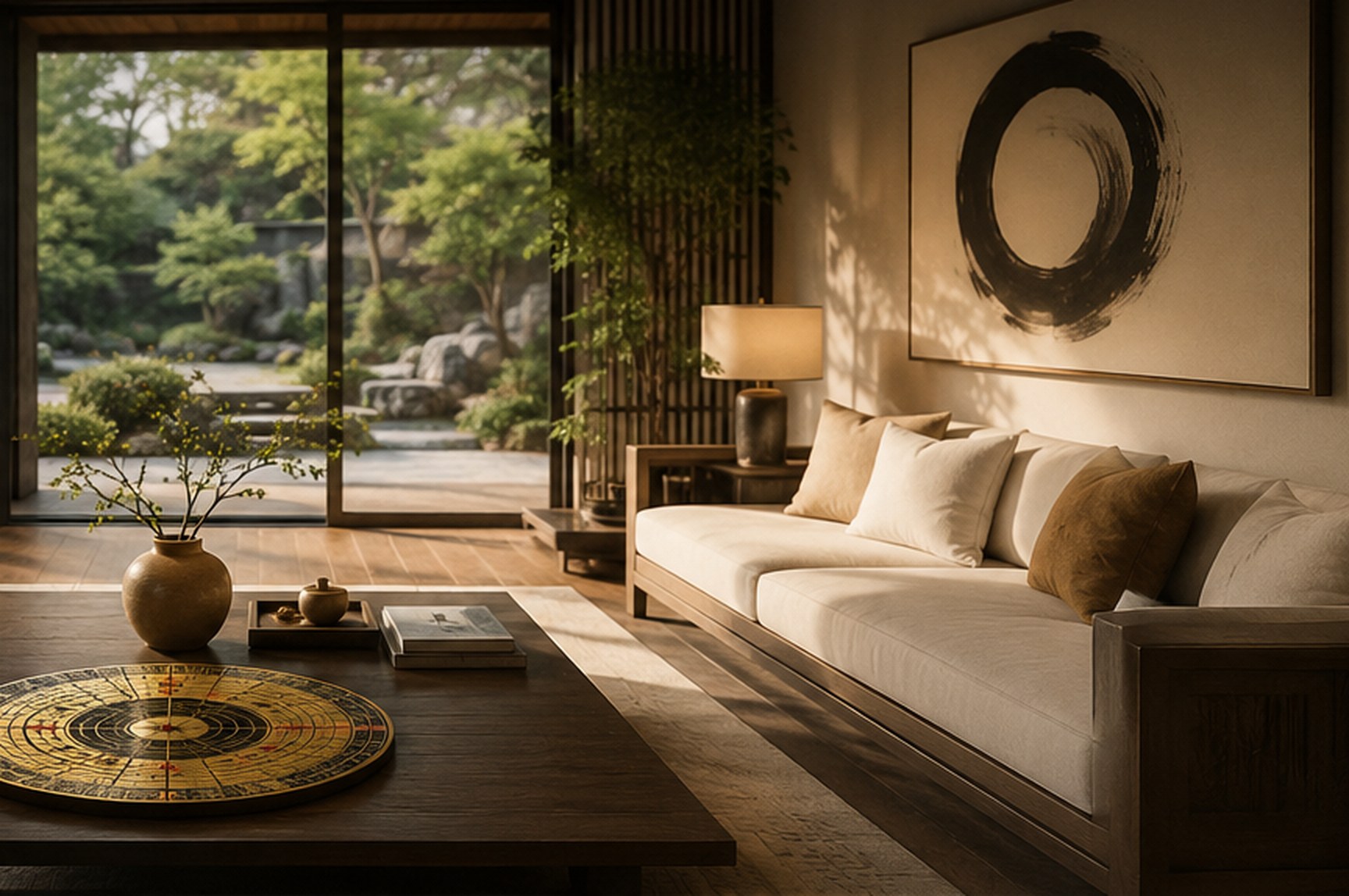 A sunlit modern living room opening onto a Chinese garden, with a luopan compass resting on the table
