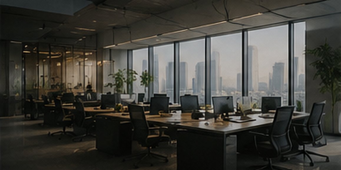 An open-plan office overlooking a city skyline