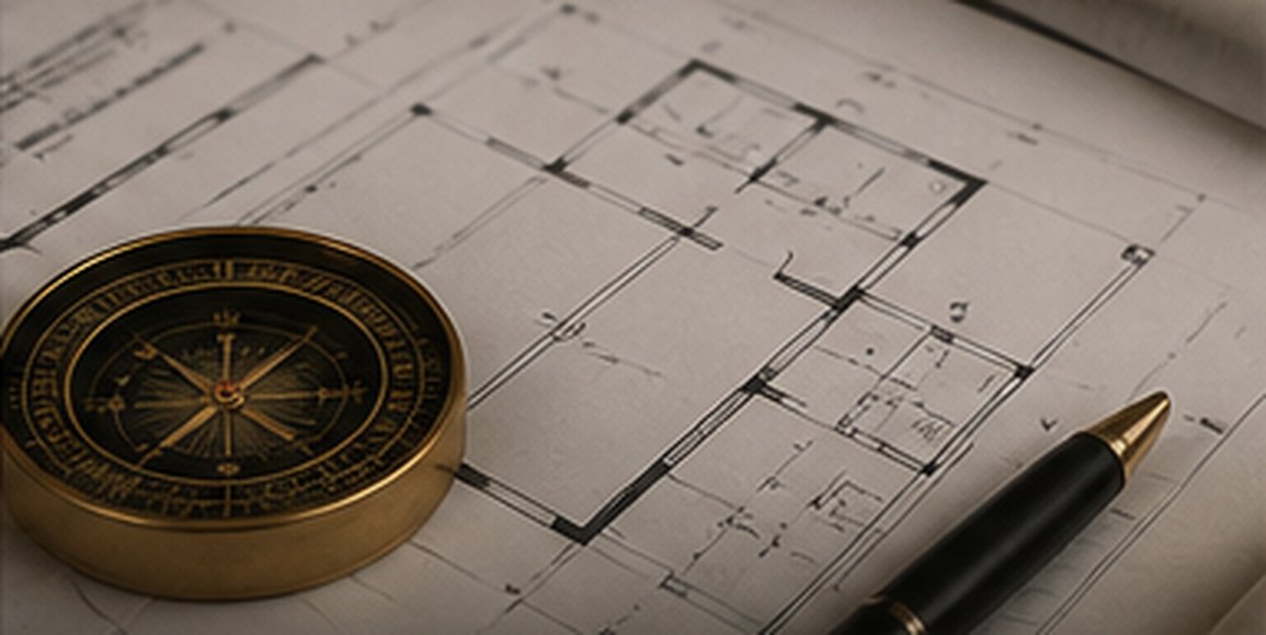 A brass compass and pen resting on an architectural floor plan