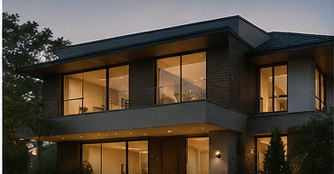 A contemporary home glowing at dusk